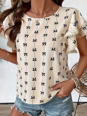 NEW!! Women's bow Print Ruffle Sleeve Blouse Lace Trimmed Short Sleeve Top